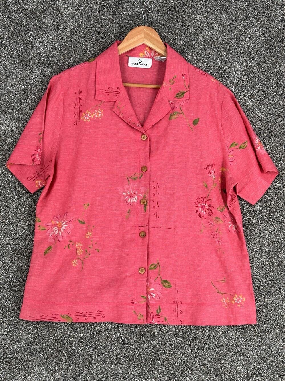 Tropical Camp Silk Linen Resortwear Shirt Sz L Beachy Floral Hawaiian Pink VTG